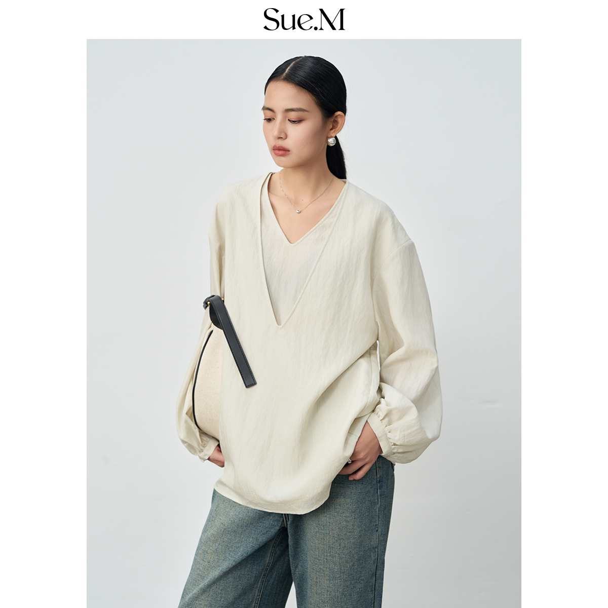 Sue.M 高端天絲假二件疊穿襯衫2025新款設計感小眾女士長袖襯衫女