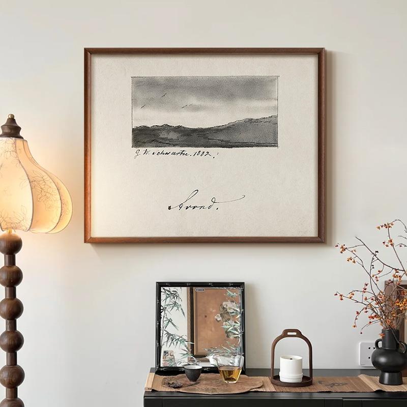 素描远山》法式复古黑白风景装饰画客餐厅中古风美式玄关艺术挂画图片