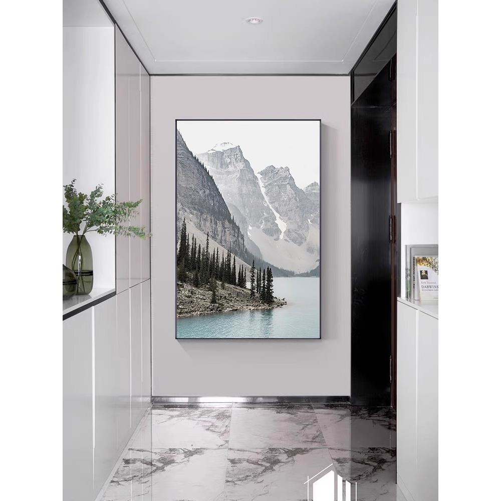 新中式山水湖泊装饰画现代客厅风景山脉大幅壁画入户玄关竖版挂画