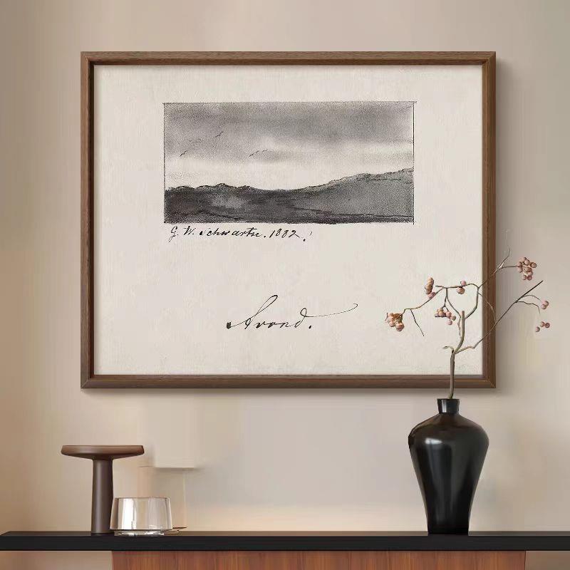 素描远山》法式复古黑白风景装饰画客餐厅中古风美式玄关艺术挂画图片