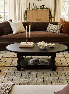 法式椭圆形实木茶几小户型美古式复古双层抽原IYQ茶台黑屉色中木