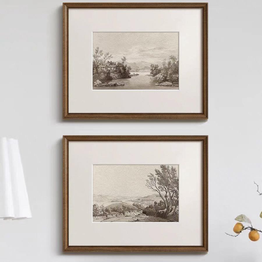 风景素描版画法式黑白复古客厅装饰画美式中古风餐厅玄关走廊挂画图片
