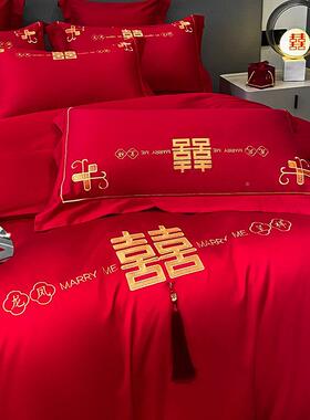 新中大式婚婚庆四DEN套件套红色刺绣被新简约结婚床上用品陪嫁婚