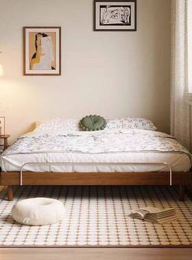 法式复古风床头木米卯黄杨木榻榻实卧室小户型靠背齐边矮榫床PZX