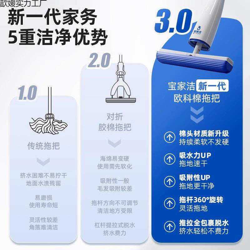 宝家洁新一代升新级款绵拖把吸水棉家用309胶海绵海头卫生间浴室