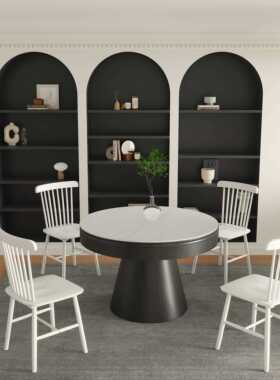 I1意式现代风岩板变转盘实木伸圆桌旋转缩径餐桌省空间IMN格小户