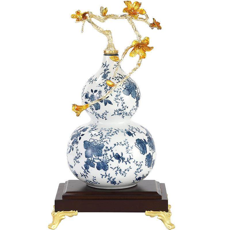 珐琅彩陶瓷葫芦摆件高级感青花纹客厅酒柜办公室乔迁新中式工艺品