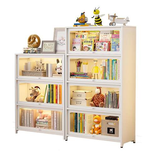 家用钢制书柜带门玻璃展示柜儿童防尘书架铁艺置物架铁皮柜子