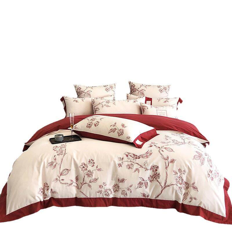 婚庆浪漫全棉磨毛四件套加厚秋冬季花鸟刺绣红色被套床上用品1.8