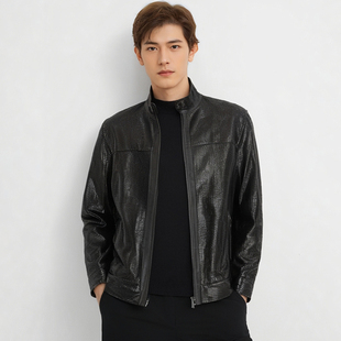 立领机车皮衣耐磨秋冬时尚 吉家男士 纯色真皮拉链外套 猪皮皮衣