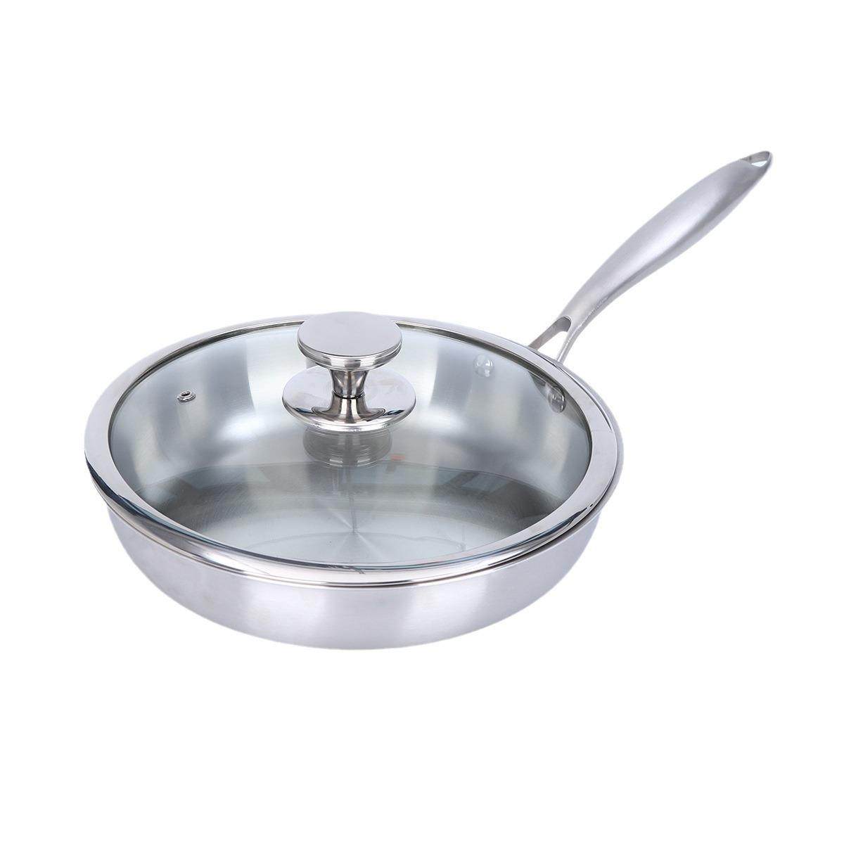 不锈钢煎锅不粘304无涂层平底锅带盖加厚三层钢煎牛排通用圆煎锅