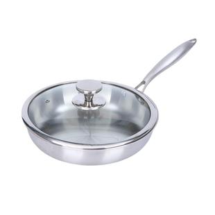 不锈钢煎锅不粘304无涂层平底锅带盖加厚三层钢煎牛排通用圆煎锅