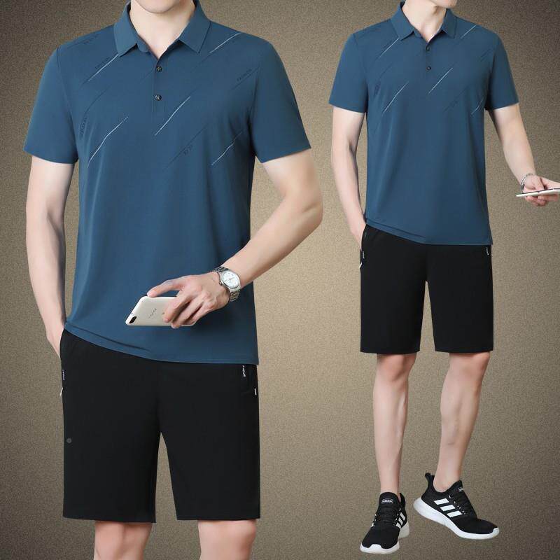 男QSF-8526爸爸夏装套装中老年人运动休闲服冰丝士装短袖t恤父亲