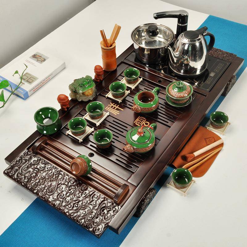 琦源套家茶具装轩祥用云大茶盘电磁炉四合一排水实木祥云系列茶盘