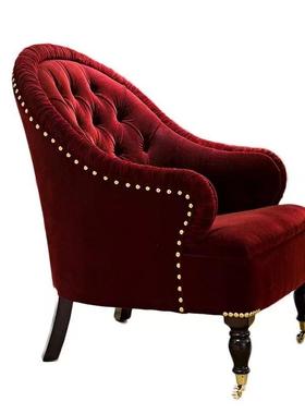 轻法式奢复古单人沙椅发褶皱海绵沙发高靠背虎椅实木老客厅扶NUI