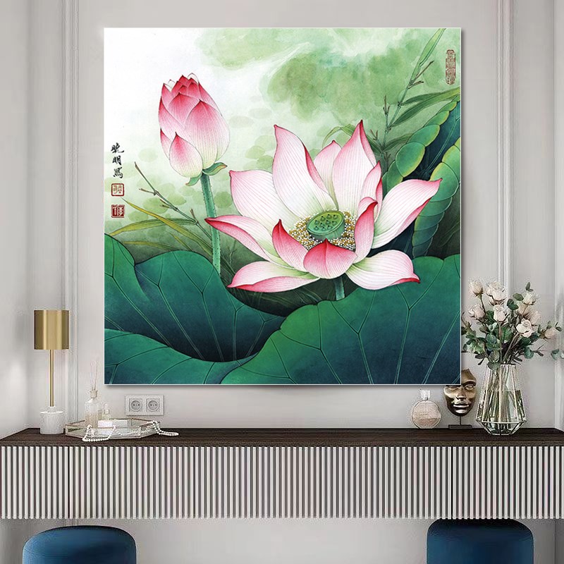 速发荷花贴画方形贴画厨房装饰画荷花自粘画卫生间墙画有框画挂画图片