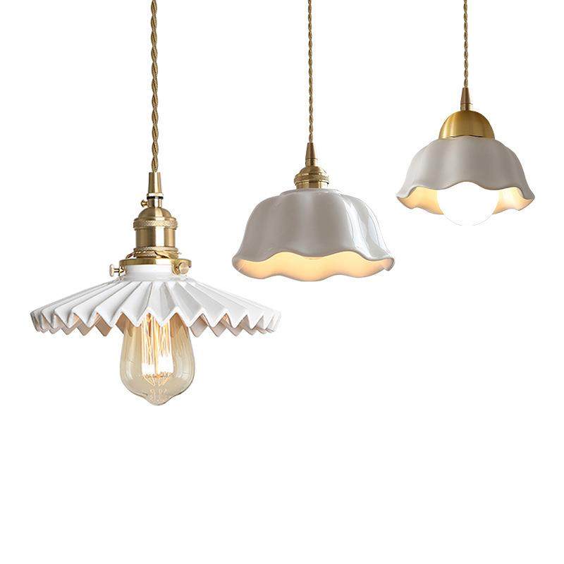 北欧白色百褶裙陶瓷吊灯日式餐厅民宿吧台床头卧室客厅复古全铜灯,家装灯饰光源,智能吊灯,淘宝优惠券,粉丝福利购,淘宝优惠卷
