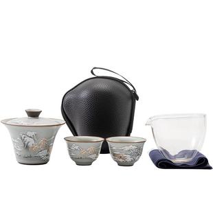 开片掐丝银汝窑雪景功夫旅行茶具一壶两杯悬停盖碗户外便携式快客