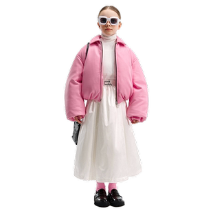 PinkTeddy童装女童粉色羽绒服飞行员翻领pu夹克儿童冬季保暖外套