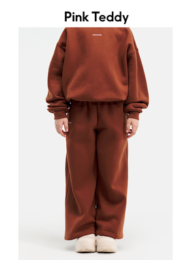 PinkTeddy童装儿童棕色卫裤秋冬装加绒加厚女童极简直筒拖地裤子