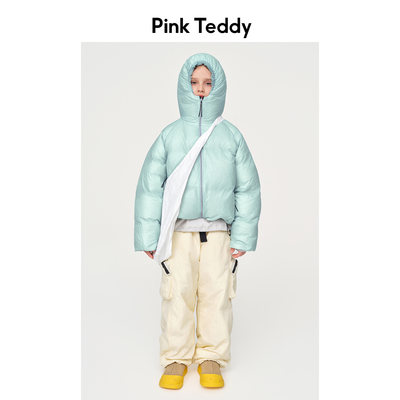 PinkTeddy童装女童蓝色轻量化户外羽绒服儿童冬季新款连帽外套