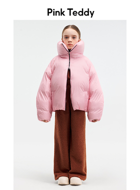 PinkTeddy童装女童面包羽绒服冬季新款儿童保暖加厚高领粉色外套