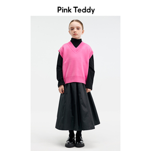 PinkTeddy童装女童粉色毛衣马甲春装儿童百搭毛织套头背心上衣