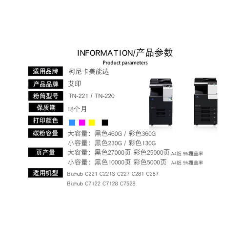 适用柯尼卡美能达TN221粉盒bizhub C221 C221S C227 C281 C287 C7
