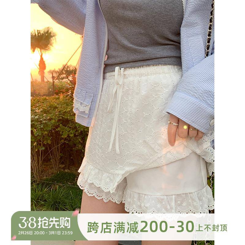 曾小咸 小众设计感白色蕾丝花边裙裤女2025春盐系百搭显瘦半身裙