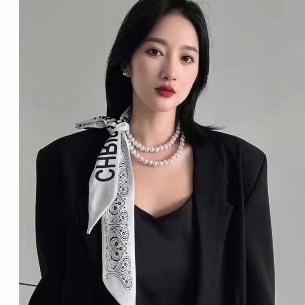 法式复古春夏珍珠项链丝巾女锁骨链丝带韩版装饰绑发带小领巾飘带