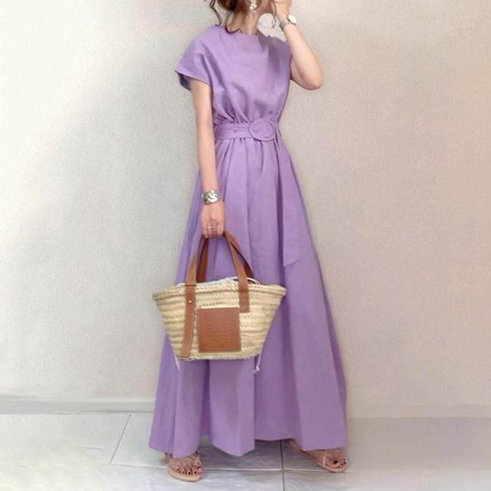 日韩风ins欧美女装春夏文艺中长大摆连衣裙收腰礼服长裙配腰带