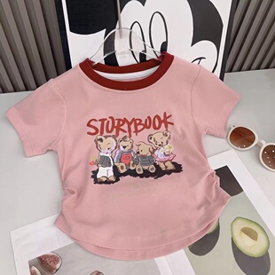 纯棉女童短袖T恤2026夏季新款儿童宝宝卡通洋气修身高腰短款上衣