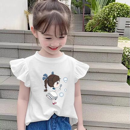 100%纯棉女童圆领短袖T恤夏装新款儿童宝宝时尚卡通印花百搭上衣