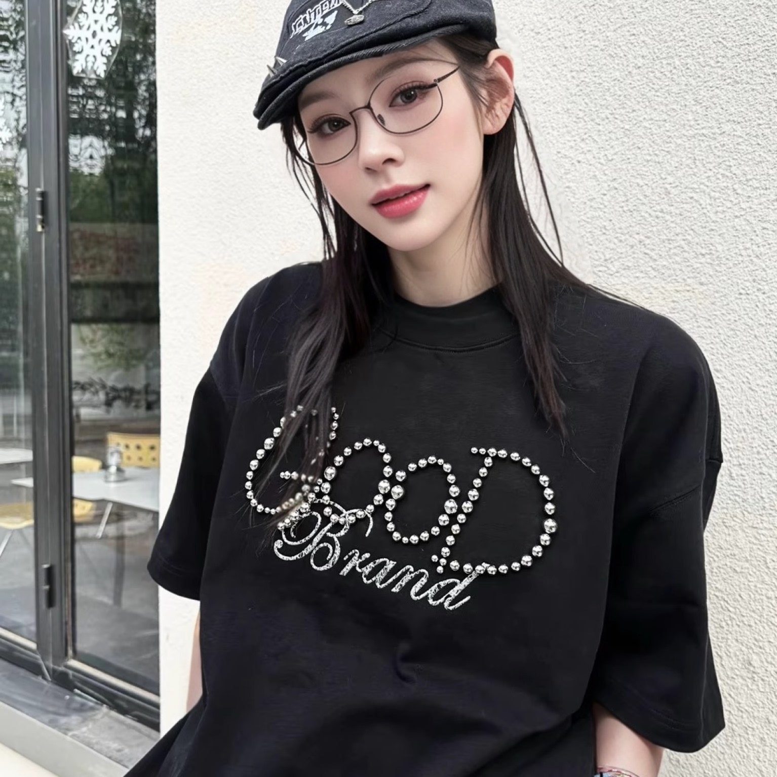 GOOD BRANCH 新款25SS纯色珍珠标语短袖字母LOGO轻奢T恤男女同款