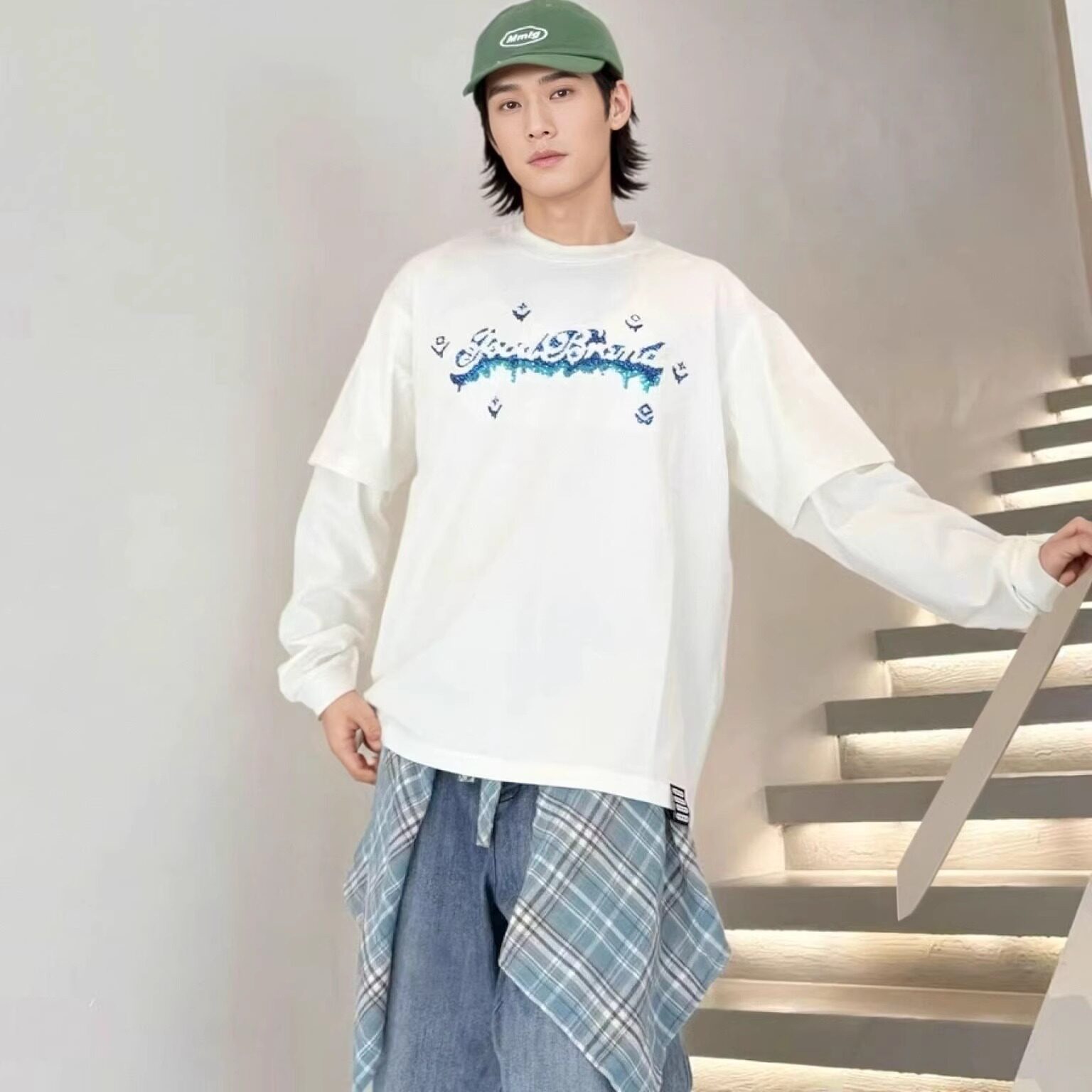官方正品GOODBRANCH 25FW融化冰淇淋珠片绣假两件长袖T恤男女同款
