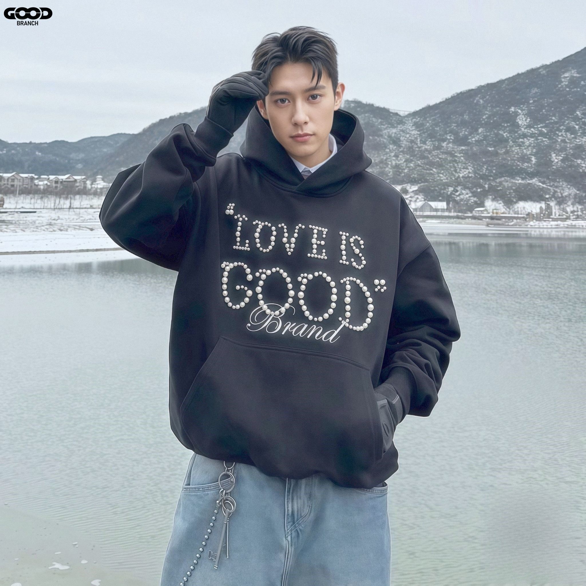 GOODBRANCH珍珠标语连帽卫衣