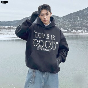 GOODBRANCH Loveis good珍珠标语重磅高级感连帽套头卫衣男女同款