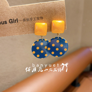 伴月兔日韩复古儿童黄蓝撞色波点圆形耳环ins风免打孔无耳洞耳夹