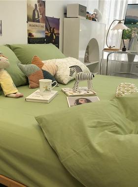 ins草绿色水洗棉简约日式床上四件套全棉1.5m1.8米三件套床单裸睡