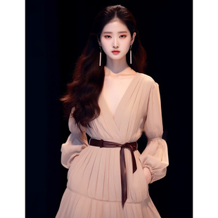 速发2024秋装高华奢端国际装宴会年会礼服粉色长袖连衣裙子