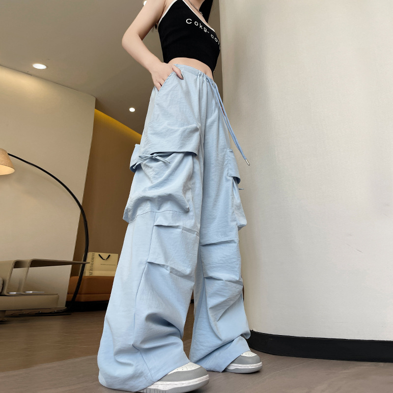 美式工装裤女夏薄款2025新款高腰垂感降落伞阔腿裤显瘦速干运动裤