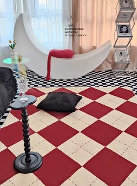 高级红色格子客厅地毯轻奢沙发z茶几垫家用卧室床边毯防水防污加