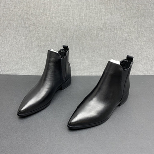 撤柜处理折扣真皮女鞋2023秋冬新款尖头马丁靴牛皮时尚低跟女短靴