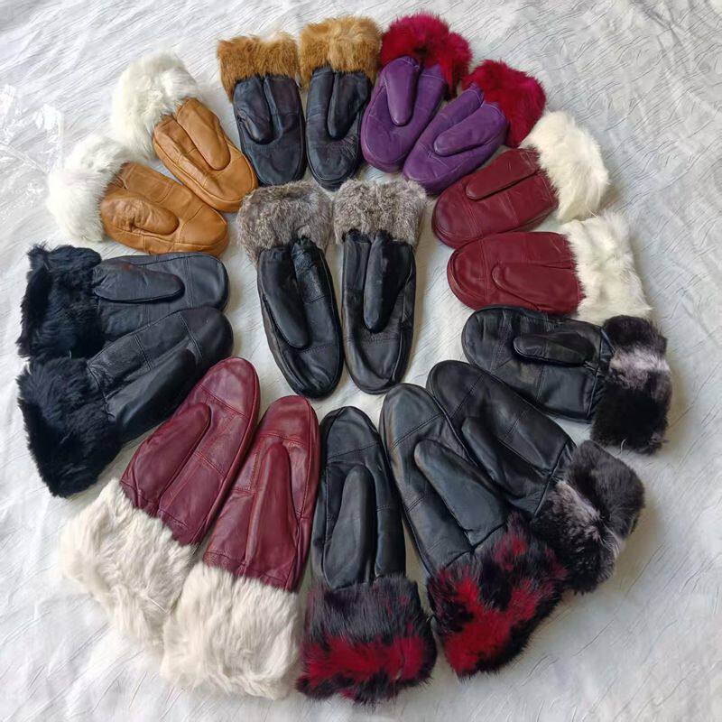 时尚女士真皮真毛口羊皮一体手套女秋冬保暖加厚防风均码连指手套