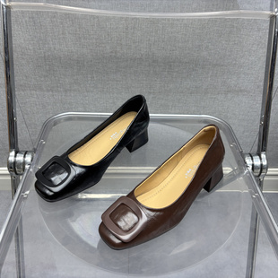 方头气质通勤牛皮OL中粗跟女单鞋 撤柜处理折扣真皮女鞋 2026春新款