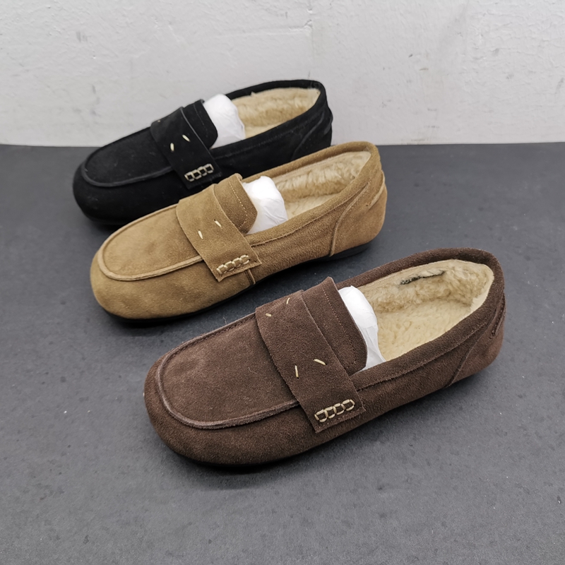 撤柜处理折扣真皮女鞋2024秋新款复古豆豆鞋百搭乐福牛反绒女棉鞋