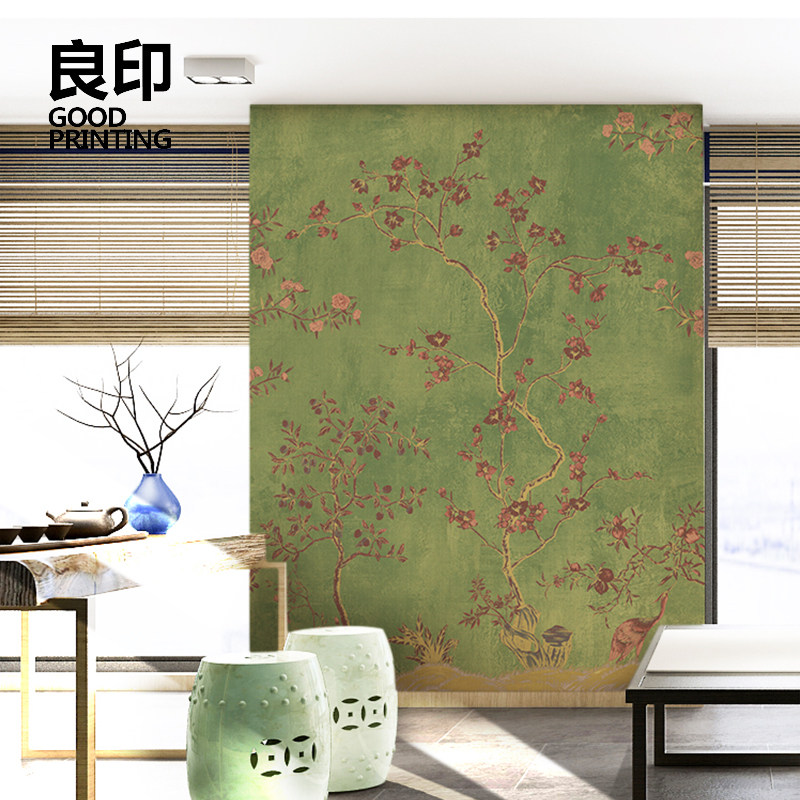 良印绿色美式复古墙纸新中式花鸟电视背景墙壁纸定V制壁画无缝墙