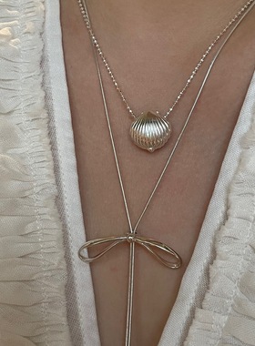 S925纯银小众设计小香风哑光贝壳珍珠吊坠项链小众轻奢叠戴ins风