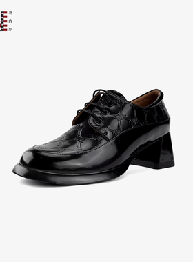 马内尔夏季新款黑色商场同款单鞋圆头百搭英伦风小皮鞋女G21201