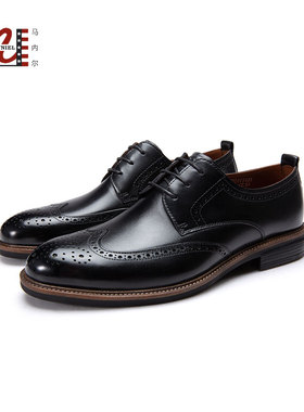 马内尔商务正装皮鞋男士夏季新款黑色英伦低跟防滑真皮潮鞋M21011